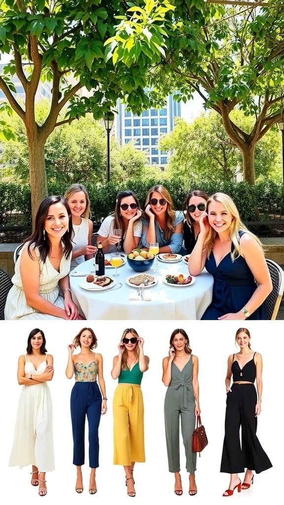 A group of friends in stylish brunch outfits enjoying a meal outdoors on a sunny day.